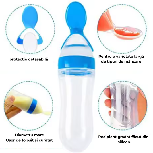 Lingura din Silicon Verde Menta cu Rezervor pentru Bebelusi 90ml