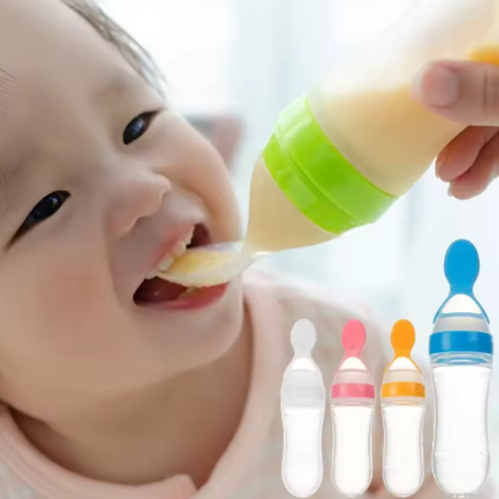 Lingura din Silicon Verde Menta cu Rezervor pentru Bebelusi 90ml